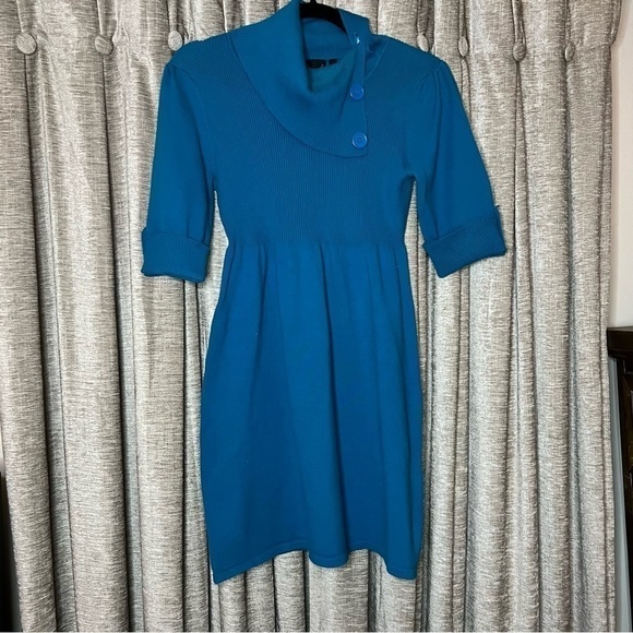 Take Out Turquoise Turtleneck Button Accent Elbow Length Sweater Dress Large - Picture 2 of 14